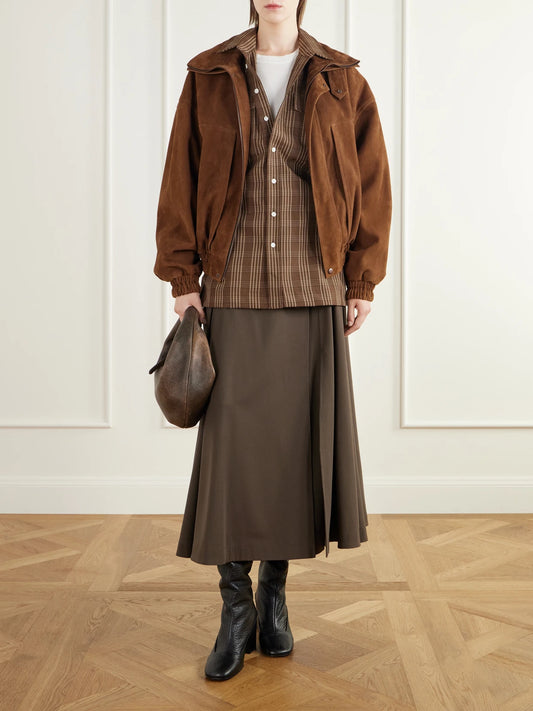 Image of a model wearing Tops. Product name - Belt-detailed Checked Wool Shirt in Brown colour by brand - AMI PARIS