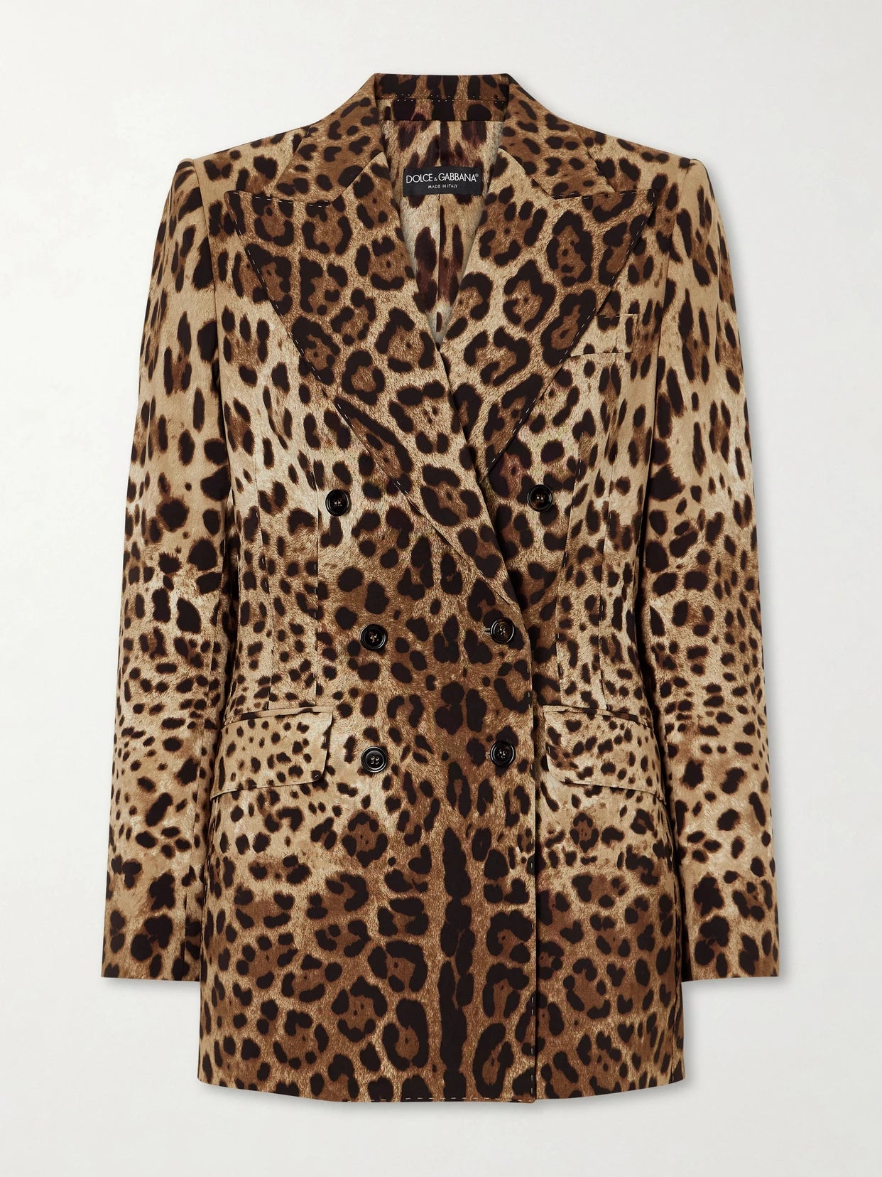 Image of a model wearing Outerwear. Product name - Leopard-print Wool Blazer in Leopard print colour by brand - Dolce & Gabbana