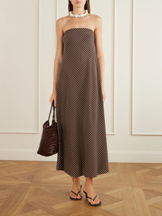 Image of Dresses. Product name - Bias Polka-dot Silk-crepe De Chine Midi Dress in Chocolate colour by brand - Matteau