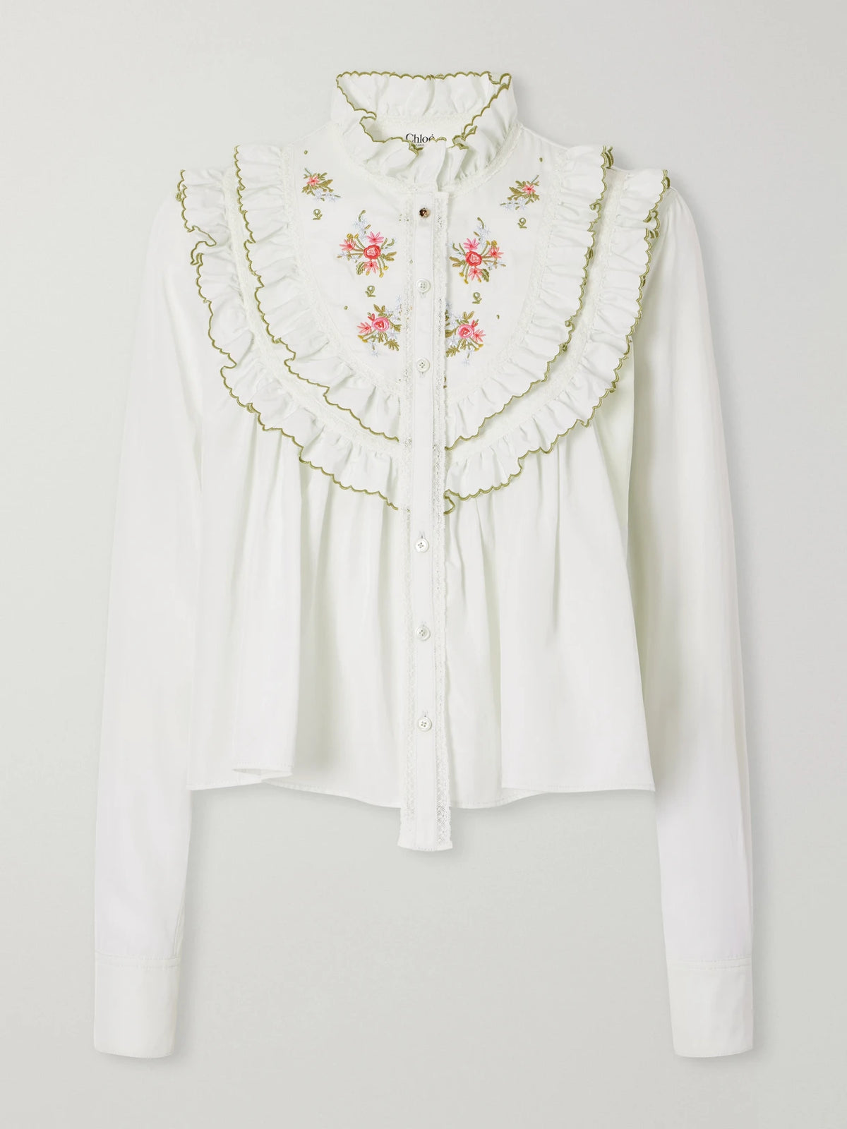 Chloé Ruffled Embroidered Lace-trimmed Silk-blend Poplin Blouse