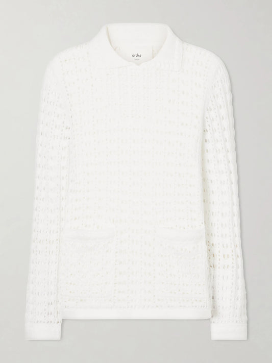 Image of a model wearing Outerwear. Product name - Sunny Crocheted Cotton Sweater in White colour by brand - Arch4