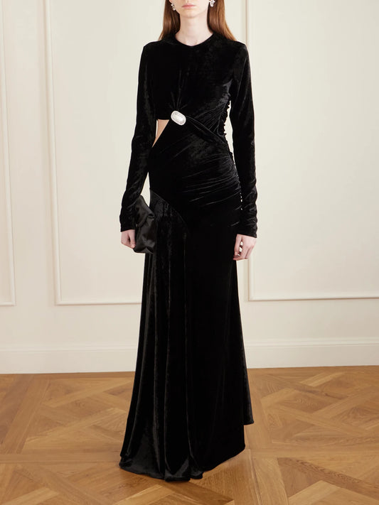 Image of Dresses. Product name - Embellished Cutout Velvet Maxi Dress in Black colour by brand - RABANNE