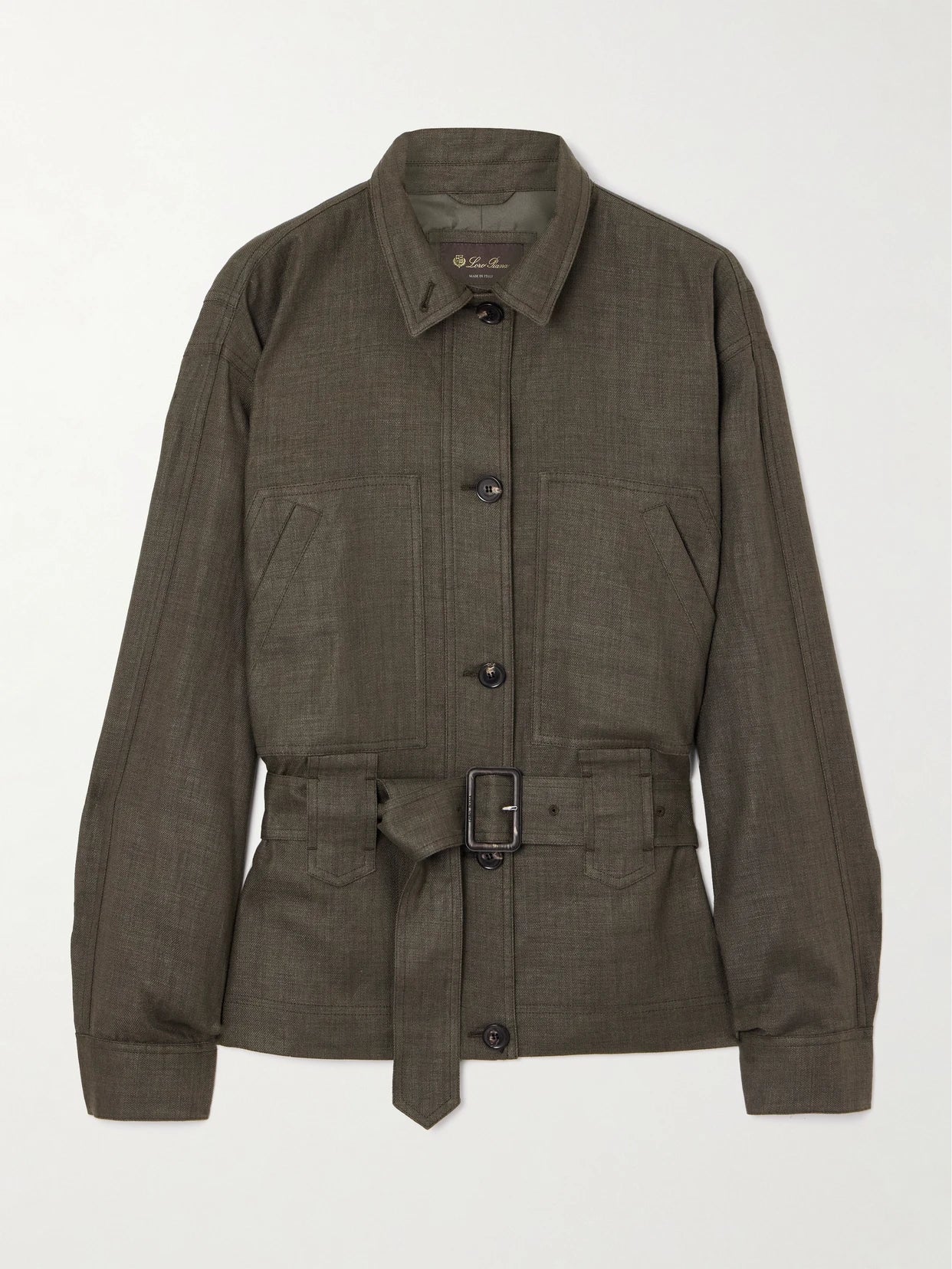 Image of Coats & Jackets. Product name - Jaylon Belted Linen And Wool-blend Jacket in Dark green colour by brand - Loro Piana