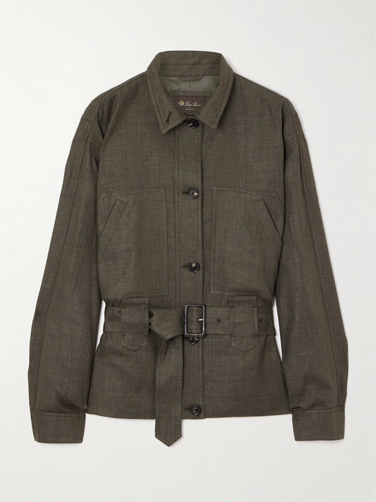 Image of Coats & Jackets. Product name - Jaylon Belted Linen And Wool-blend Jacket in Dark green colour by brand - Loro Piana