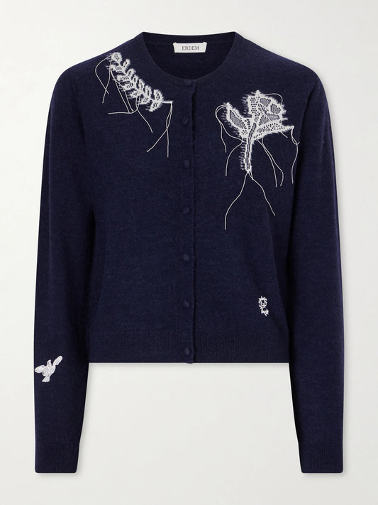 Image of a model wearing Outerwear. Product name - Embroidered Wool-blend Cardigan in Navy colour by brand - Erdem