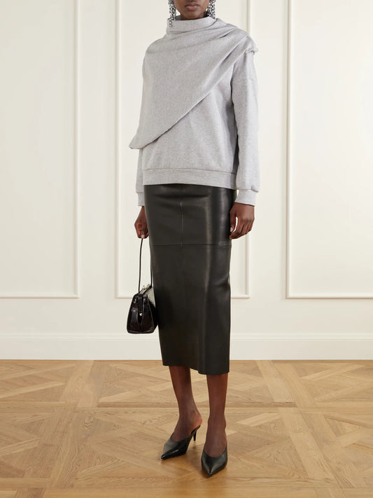 Image of a model wearing Tops. Product name - Cape-effect Draped Cotton-blend Jersey Sweatshirt in Gray colour by brand - Magda Butrym
