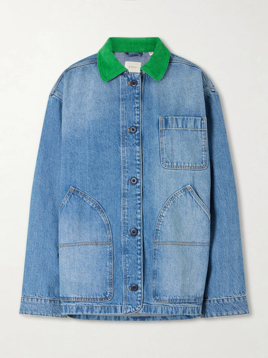 Image of Coats & Jackets. Product name - Pascual Corduroy-trimmed Denim Jacket in Blue colour by brand - DÔEN