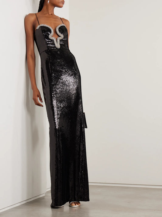 Image of Dresses. Product name - Lyra Cutout Embellished Sequined Stretch-jersey Gown in Black colour by brand - Rebecca Vallance