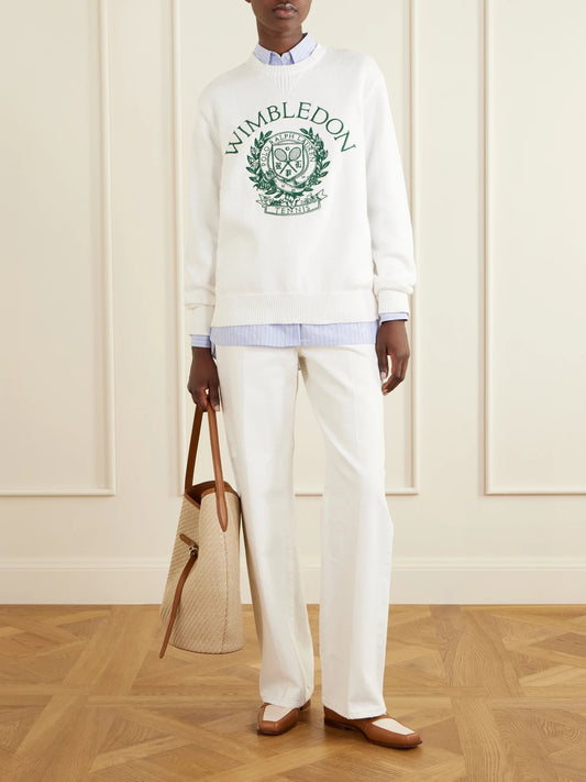 Image of a model wearing Outerwear. Product name - + Wimbledon Logo-embroidered Cotton Sweater in White colour by brand - Polo Ralph Lauren