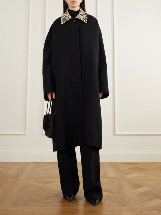 Image of Coats & Jackets. Product name - Cheetah Calf Hair-trimmed Virgin Wool Twill Coat in Black colour by brand - RÓHE