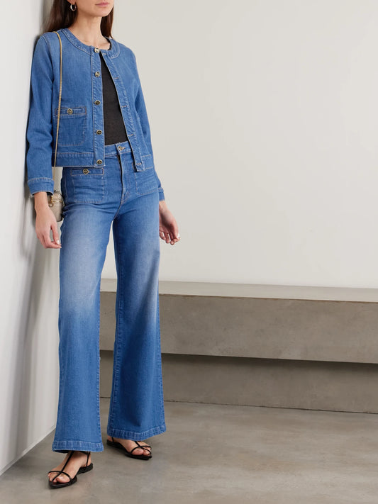Image of Jeans. Product name - Stashed Hustler Roller Sneak High-rise Bootcut Jeans in Mid denim colour by brand - Mother
