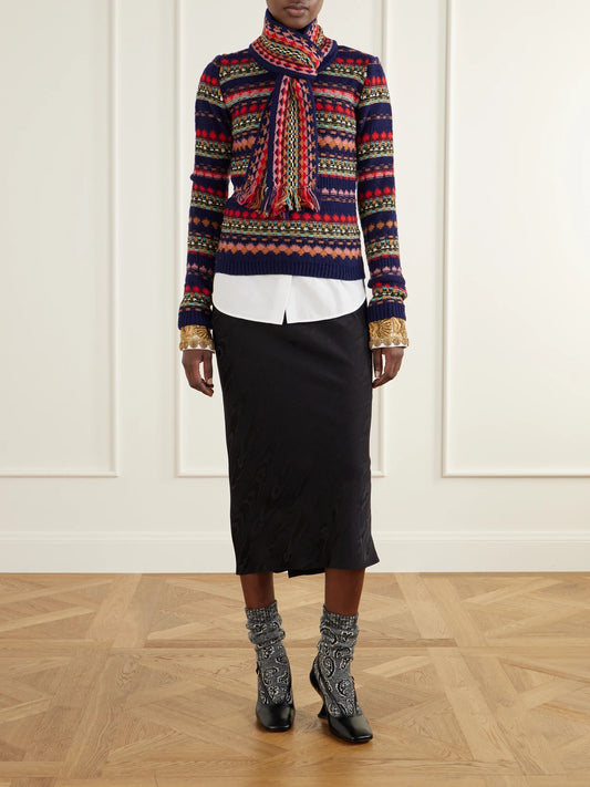 Image of a model wearing Outerwear. Product name - Intarsia Wool Sweater in Multi colour by brand - Dries Van Noten