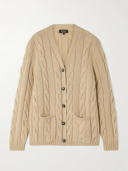 Image of a model wearing Outerwear. Product name - Napier Cable-knit Cashmere Cardigan in Beige colour by brand - Loro Piana