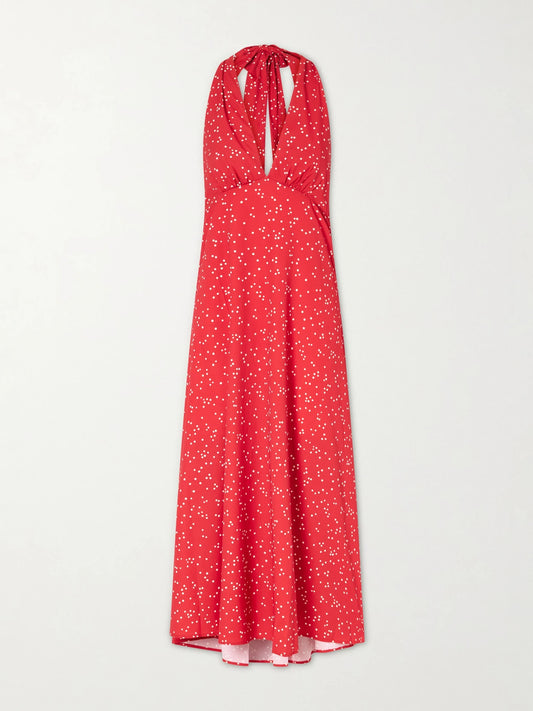 Image of Dresses. Product name - Jennah Polka-dot Recycled-crepe Halterneck Midi Dress in Red colour by brand - Faithfull
