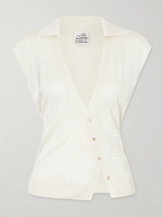 Image of a model wearing Tops. Product name - Guayabera Stretch-knit Coverup in Cream colour by brand - Donde Esteban