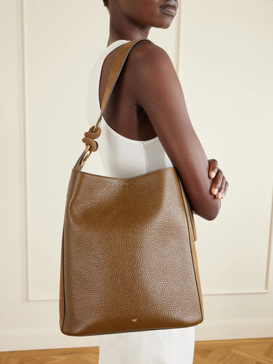 Image of Bags. Product name - Ringo Suede-trimmed Textured-leather Tote in Tan colour by brand - Anya Hindmarch