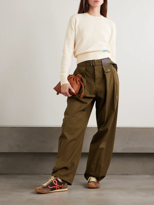Image of a model wearing Outerwear. Product name - Embroidered Wool Sweater in Ecru colour by brand - LOEWE