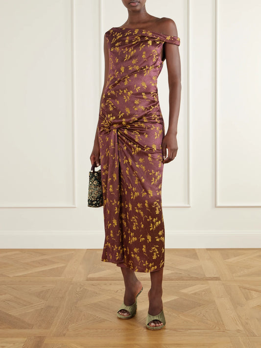 Image of Dresses. Product name - Floral-jacquard Knot-detail Satin Midi Dress in Purple colour by brand - Dries Van Noten