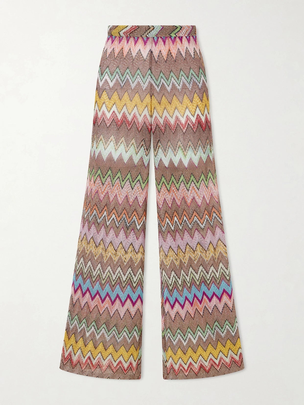 Image of a model wearing Pants. Product name - Striped Metallic Crochet-knit Wide-leg Pants in Multi colour by brand - Missoni
