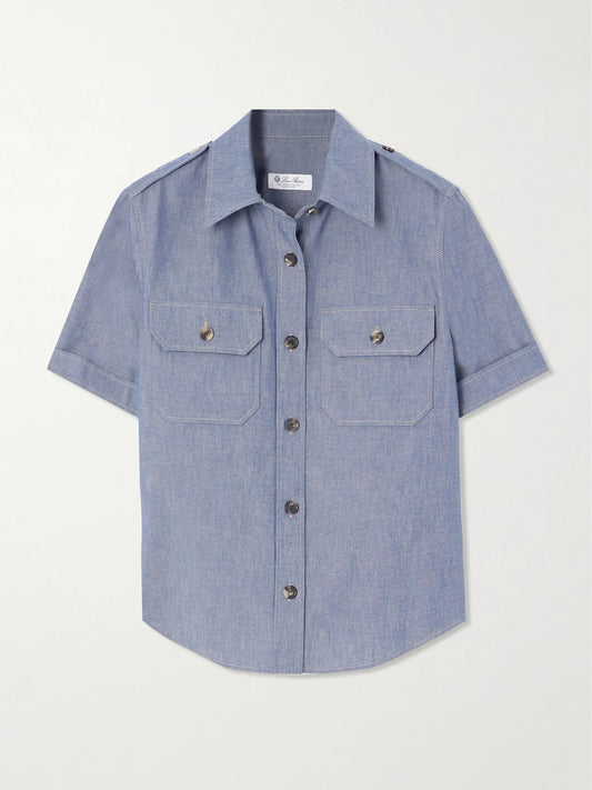 Image of a model wearing Tops. Product name - Annalisa Cotton And Cashmere-blend Chambray Shirt in Mid denim colour by brand - Loro Piana