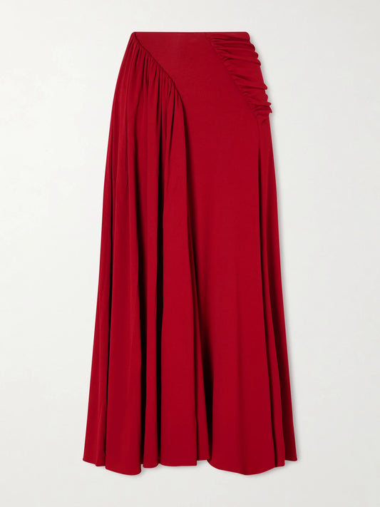Image of a model wearing Skirts. Product name - Ruched Chiffon Maxi Skirt in Red colour by brand - RABANNE