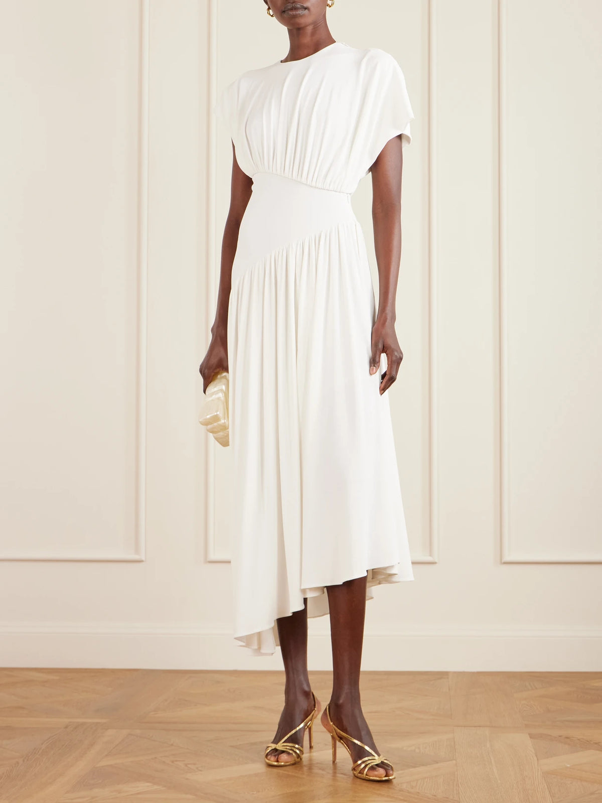 Image of Dresses. Product name - Asymmetric Draped Stretch-crepe Midi Dress in Ivory colour by brand - RABANNE