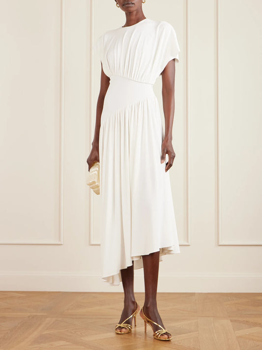 Image of Dresses. Product name - Asymmetric Draped Stretch-crepe Midi Dress in Ivory colour by brand - RABANNE