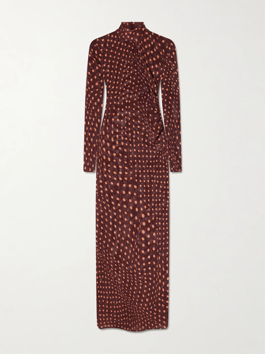 Ruched Polka-dot Mesh Midi Dress