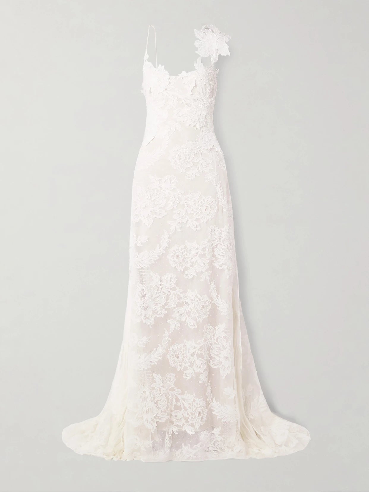Image of Dresses. Product name - Edie Appliquéd Silk Chiffon-trimmed Cotton-blend Corded Lace Gown in Off-white colour by brand - Danielle Frankel