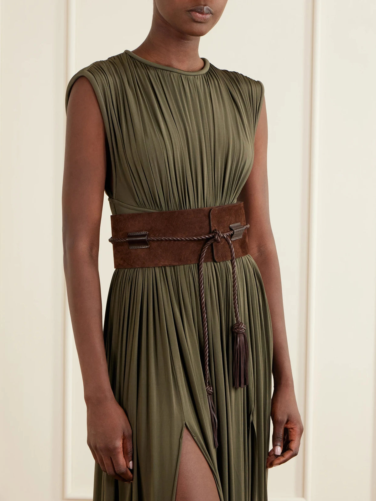 Image of Belts. Product name - Sedona Tasseled Leather-trimmed Suede Belt in Chocolate colour by brand - Déhanche
