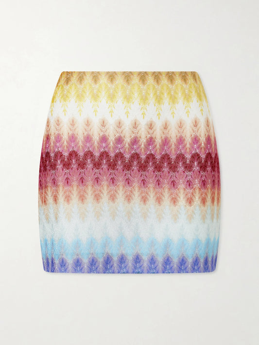 Image of a model wearing Skirts. Product name - Crochet-knit Mini Skirt in Red colour by brand - Missoni