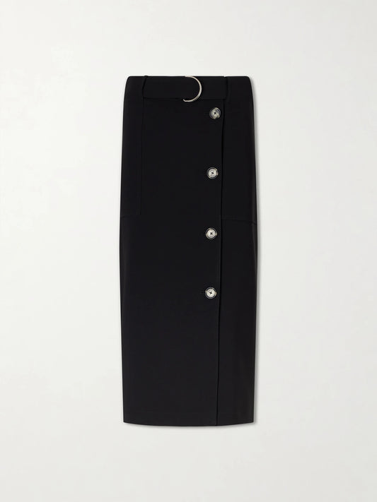 Image of a model wearing Skirts. Product name - Carine Belted Crepe De Chine Midi Skirt in Black colour by brand - Proenza Schouler