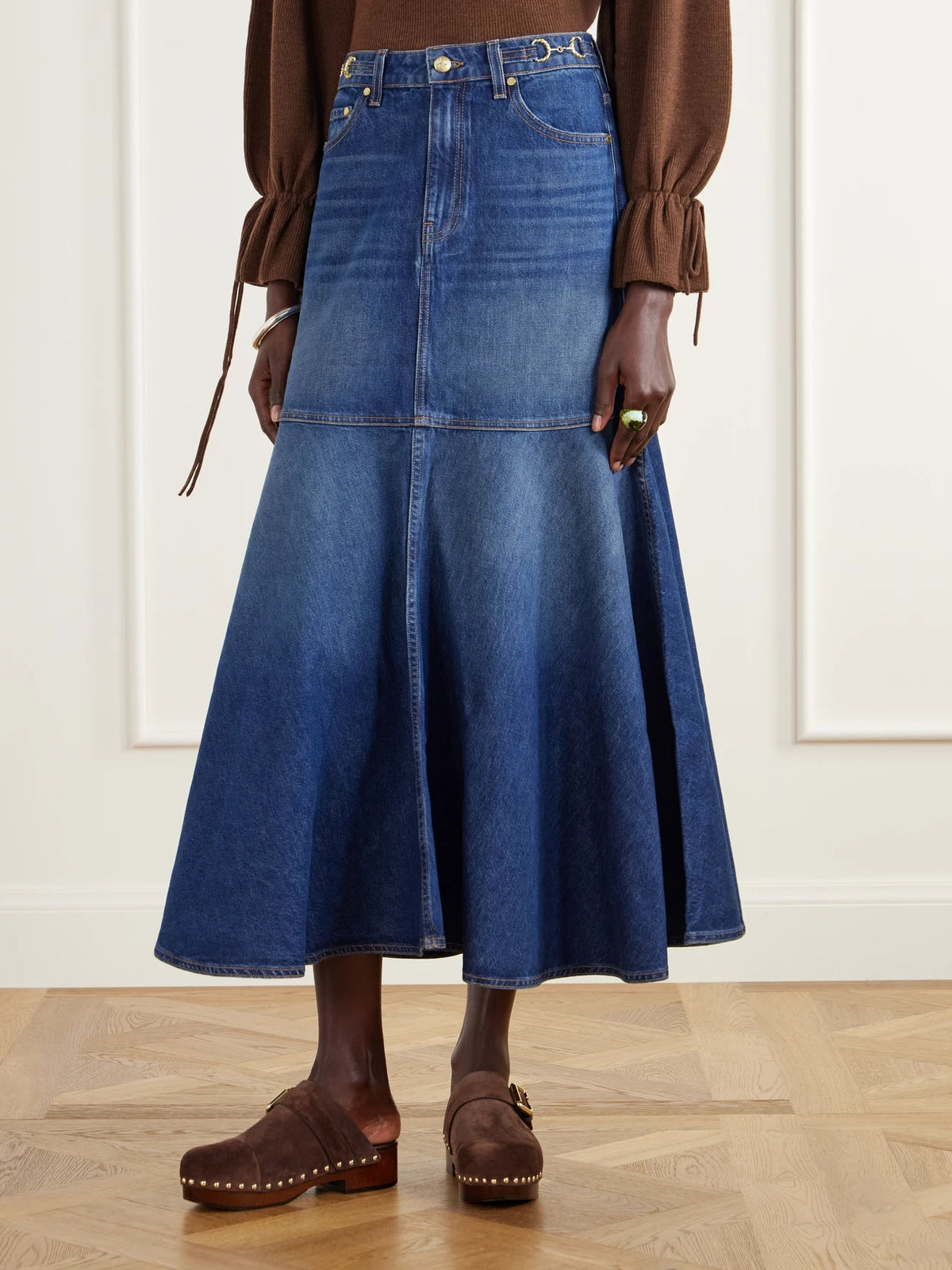 Ulla Johnson The Madelyn Embellished Paneled Denim Maxi Skirt