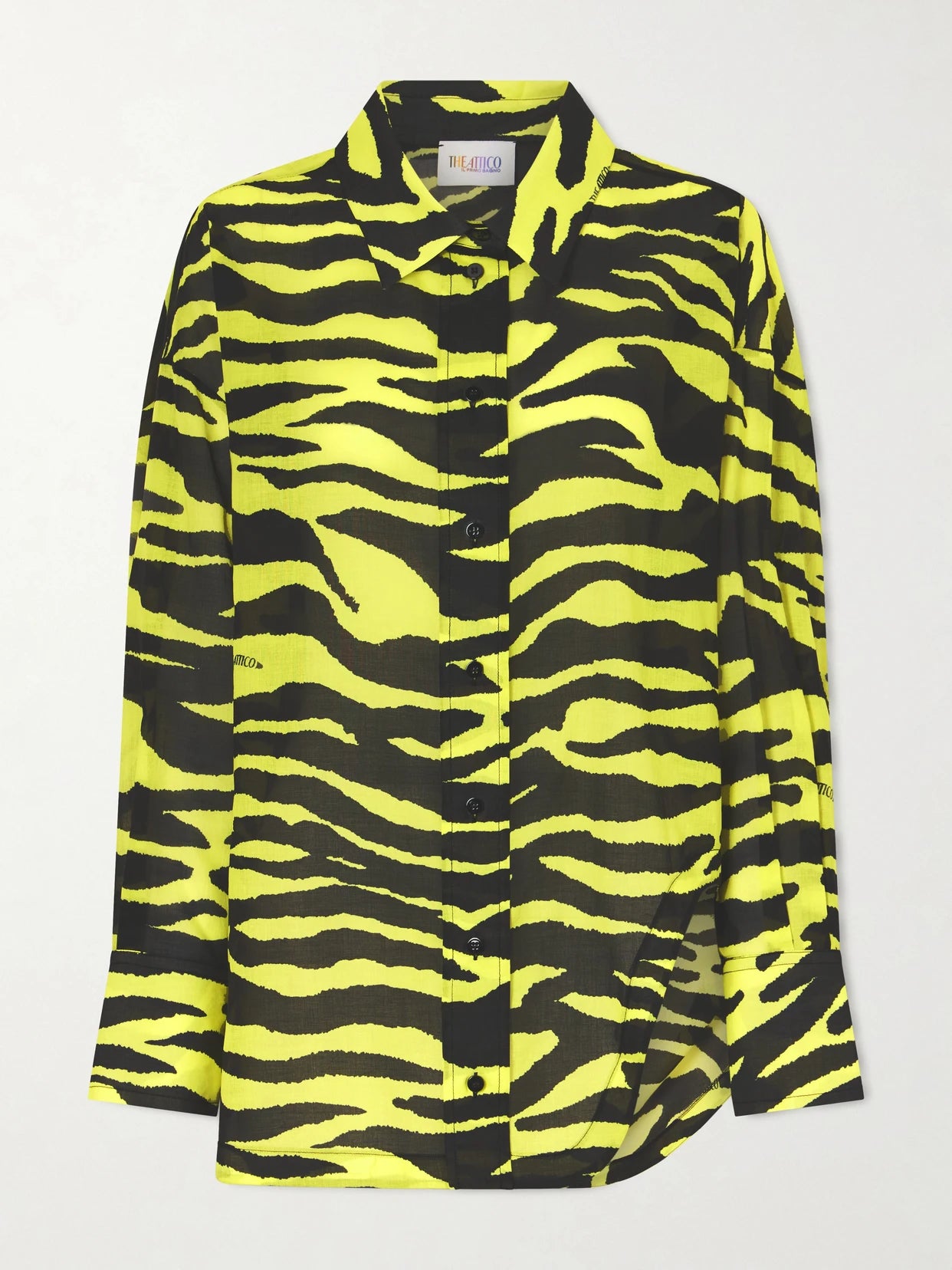Image of a model wearing Tops. Product name - Asymmetric Animal-print Cotton Shirt in Yellow colour by brand - The Attico