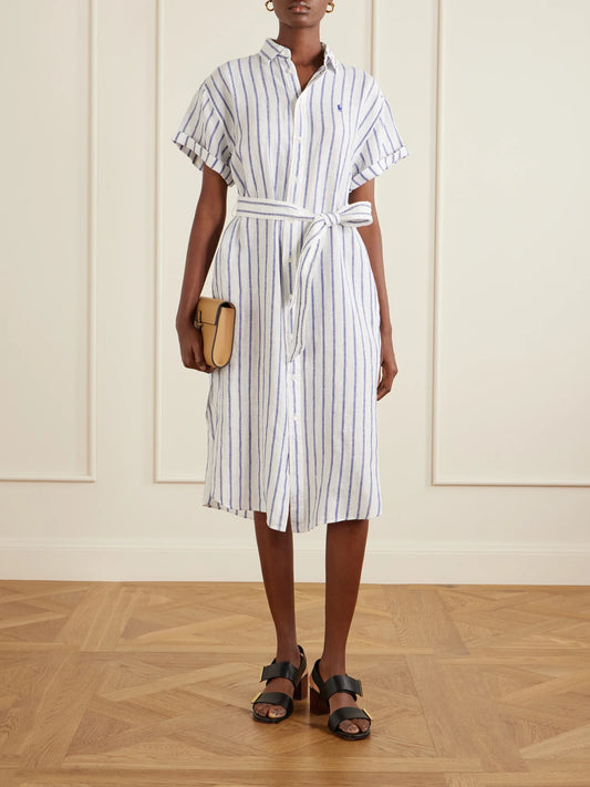 Image of Dresses. Product name - Belted Striped Linen Midi Dress in Blue colour by brand - Polo Ralph Lauren