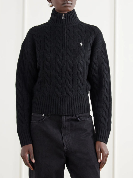 Polo Ralph Lauren Logo-embroidered Cable-knit Wool And Cashmere-blend Half-zip Sweater