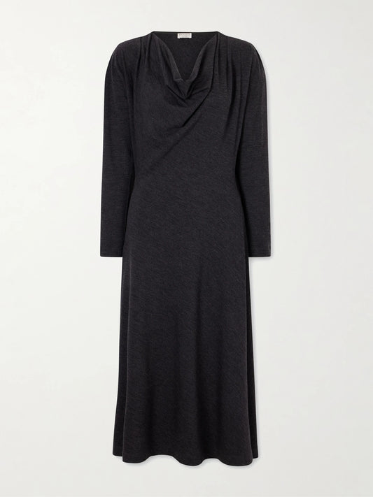 Image of Dresses. Product name - Draped Wool-blend Jersey Dress in Dark gray colour by brand - Brunello Cucinelli