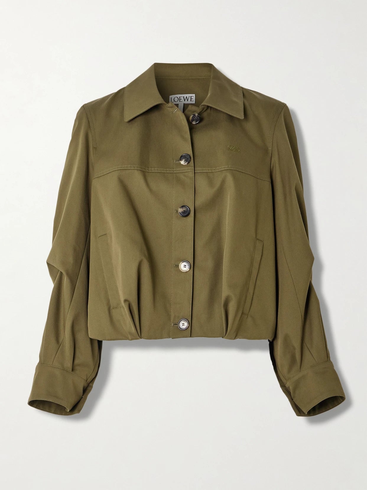 Image of Coats & Jackets. Product name - Embroidered Cotton And Silk-blend Jacket in Army green colour by brand - LOEWE