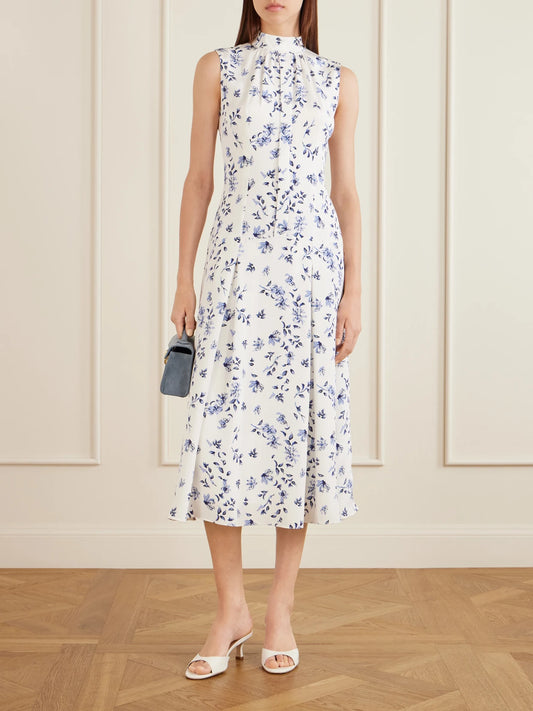 Image of Dresses. Product name - Joelle Floral-print Silk Midi Dress in Blue colour by brand - Emilia Wickstead