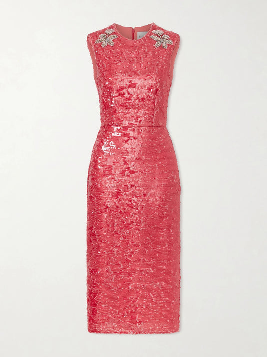 Image of Dresses. Product name - Crystal-embellished Sequined Satin Midi Dress in Pink colour by brand - Erdem