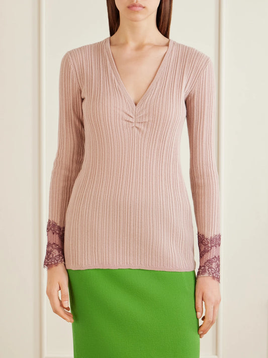 Lace-trimmed Ribbed Cashmere Sweater