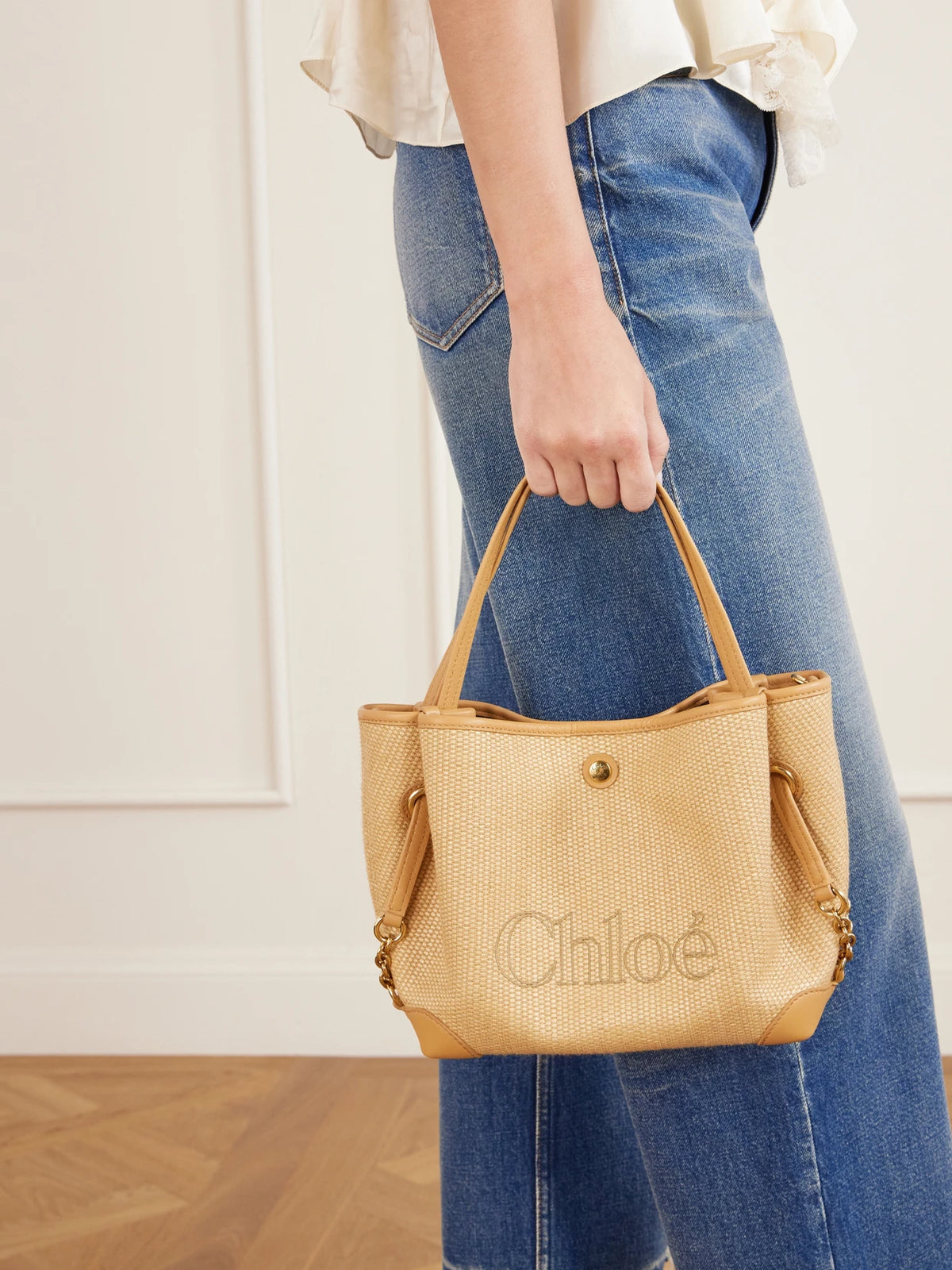 Image of Bags. Product name - Clover Leather-trimmed Raffia-effect Tote in Beige colour by brand - Chloé