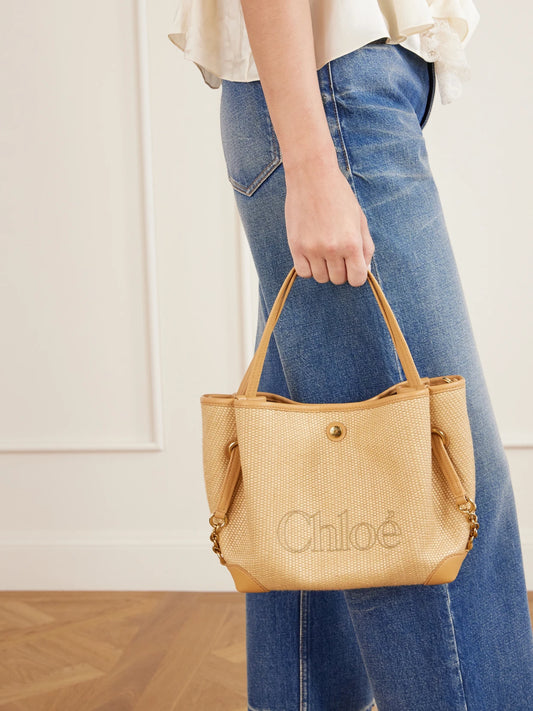 Image of Bags. Product name - Clover Leather-trimmed Raffia-effect Tote in Beige colour by brand - Chloé