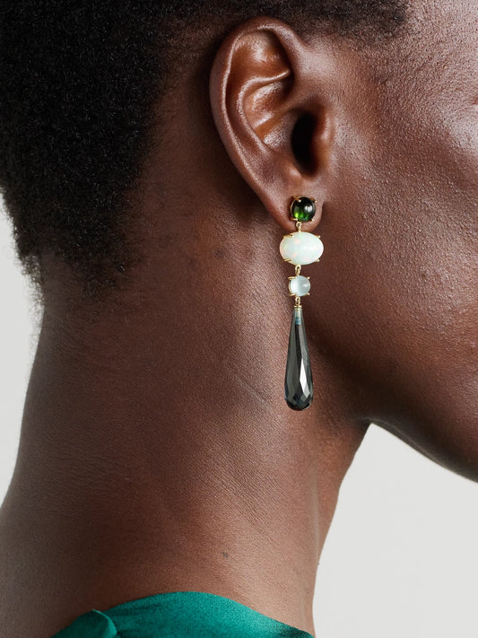 Image of Earrings. Product name - Lotus 18-karat Gold Multi-stone Earrings in Blue colour by brand - OLE LYNGGAARD COPENHAGEN