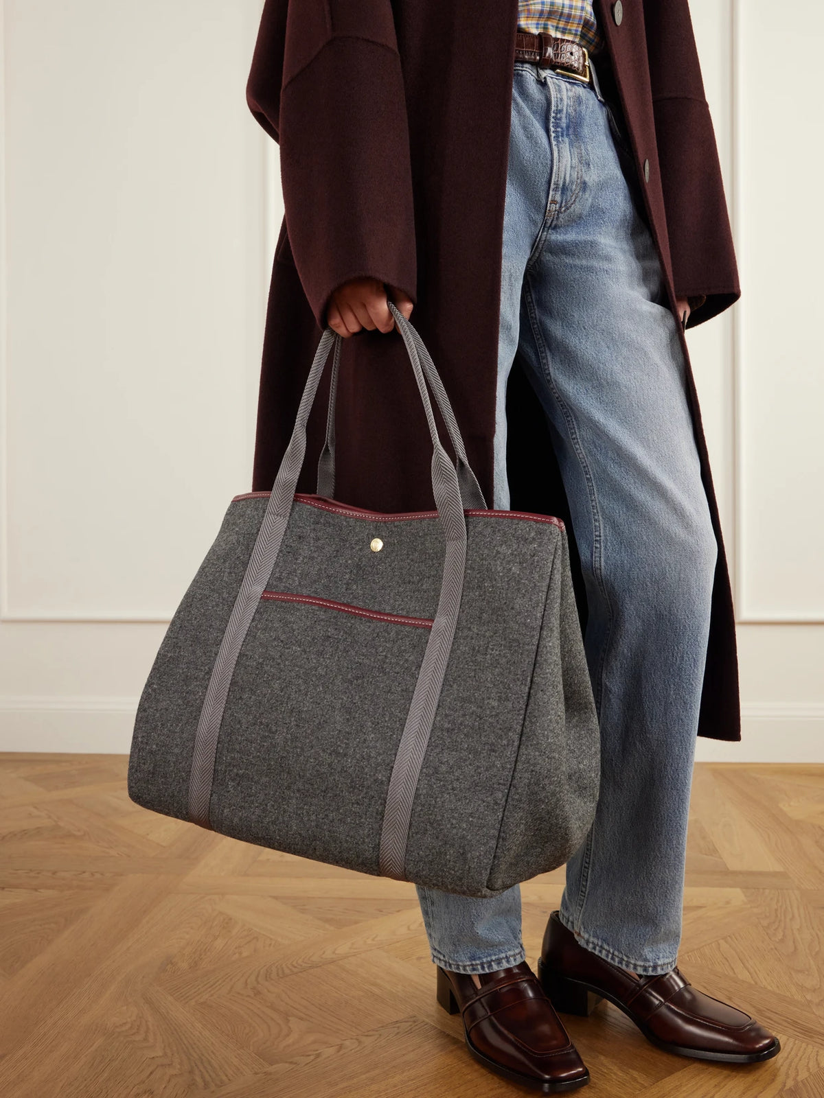 Image of Bags. Product name - Traversée Large Leather And Webbing-trimmed Felt Tote in Gray green colour by brand - RUE de VERNEUIL