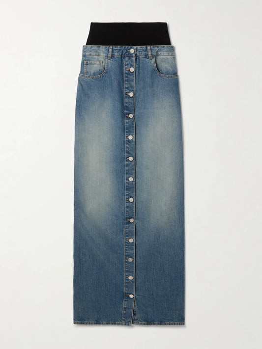 Image of Jeans. Product name - Layered Jersey-trimmed Denim Maxi Skirt in Blue colour by brand - Alaïa