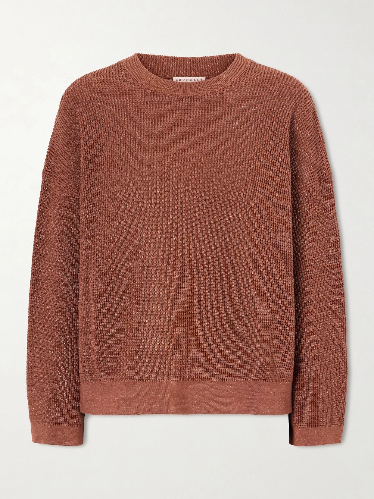 Image of a model wearing Outerwear. Product name - Metallic Open-knit Cotton-blend Sweater in Red colour by brand - Brunello Cucinelli