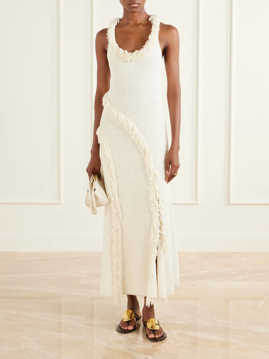 Image of Dresses. Product name - Nilo Fringed Jacquard Midi Dress in Off-white colour by brand - Proenza Schouler