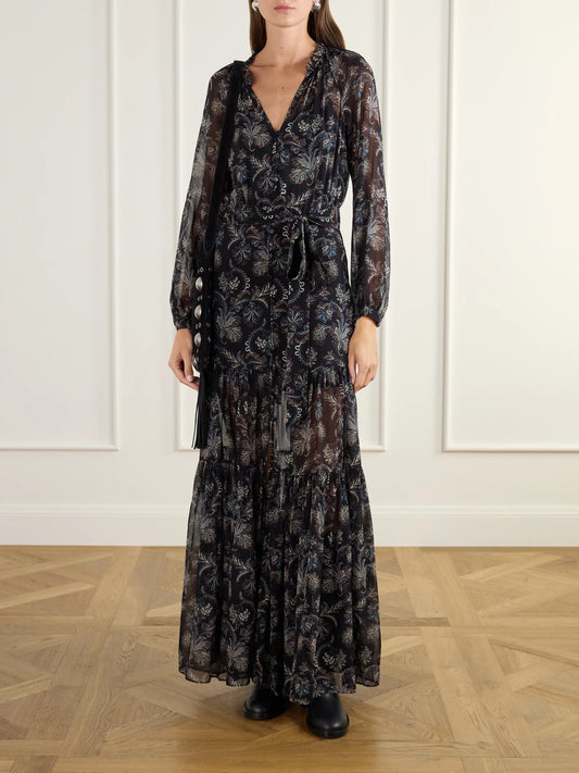 Image of Dresses. Product name - Isra Belted Gathered Paisley-print Silk-georgette Maxi Dress in Multi colour by brand - Veronica Beard