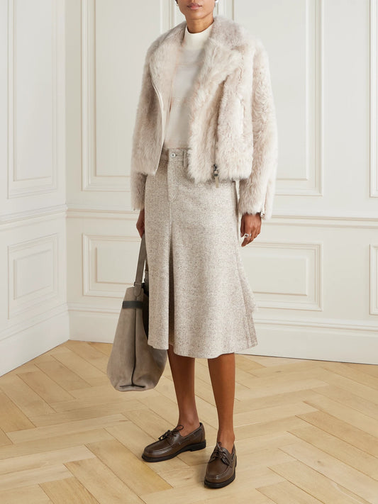 Image of a model wearing Outerwear. Product name - Sequin-embellished Wool, Cashmere And Silk-blend Sweater in Cream colour by brand - Brunello Cucinelli